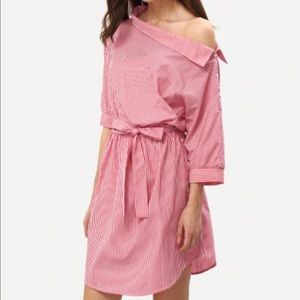 Pinstripe One Shouldered Dip Hem Dress With Tie